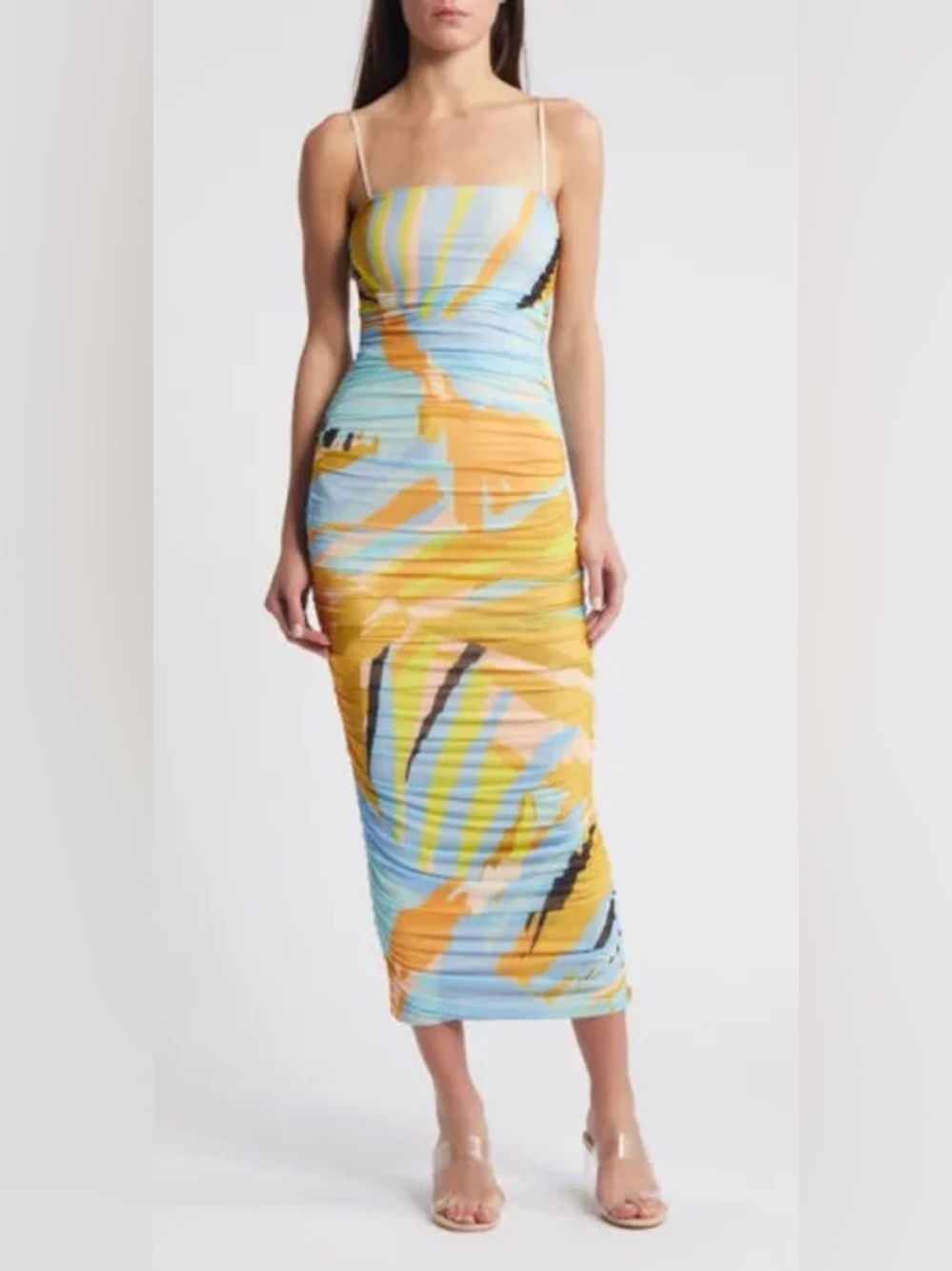 AFRM Hazel Abstract Print Mesh Ruched Bodycon Midi Dress in Bird Of Paradise